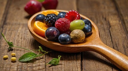 Fruits and dietary supplements on a wooden spoon 
