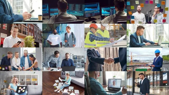 Multi screen business collage made of many different footages with business people working in office or outdoor. Technology, investment, money and teamwork concept.