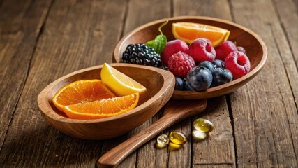 Fruits and dietary supplements on a wooden spoon 
