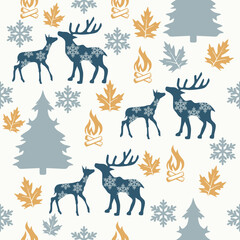 Deer seamless pattern silhouette style with trees and snowflakes