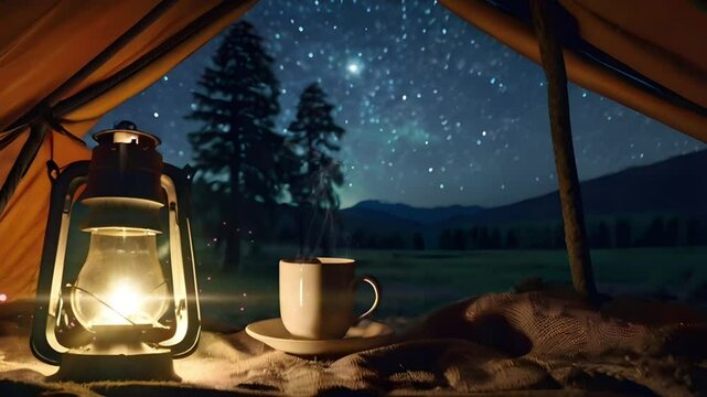 The atmosphere inside the tent, there is a cup of hot coffee and an old lantern lamp. The bright night view is full of stars. Seamless 4K looping timelapse video animation background