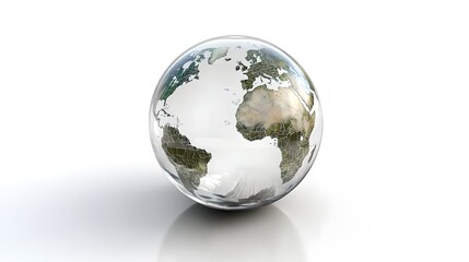 Fototapeta premium CG Transparent Globe: A CG-rendered transparent globe, with continents subtly etched on its surface, floating on a white background. 