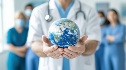 A doctor holds a globe in his hands, representing global healthcare. A team of medical professionals stand behind him in the background.
