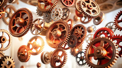 3D Suspended digital gear with rotating elements on an isolated white background concept as A digital gear floating in mid air with smaller gears rotating around it all isolated against a white backgr