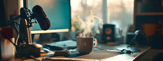 Photograph of a microphone and coffee cup on an interactive podcast desk, with sound baffles in the background, surrounded by computer equipment