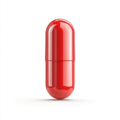 A 3D simple style icon of a shiny red vitamin pill with a reflective surface and a faint shadow below isolated on a plain white background for a clean medical feel