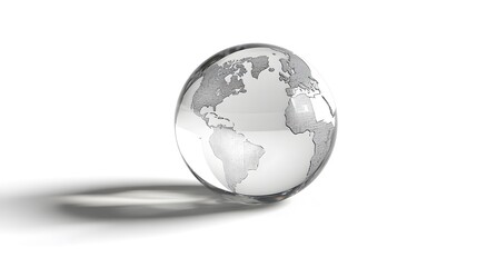 Obraz premium CG Transparent Globe: A CG-rendered transparent globe, with continents subtly etched on its surface, floating on a white background. 