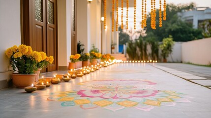 A festive entrance decorated with diyas, flowers and rangoli for a special occasion.