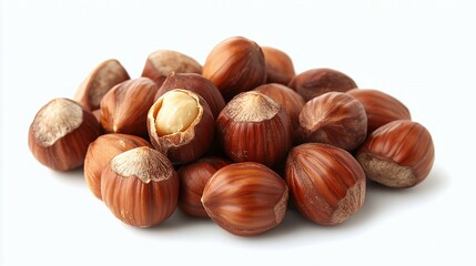 A pile of hazelnuts, some whole and one cracked open, showcasing their brown shells and creamy interior.