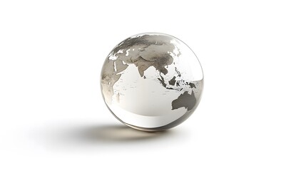 Fototapeta premium CG Transparent Globe: A CG-rendered transparent globe, with continents subtly etched on its surface, floating on a white background. 