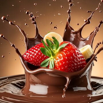 frutas caindo no chocolate mockup, banana e morango, nutela, splash