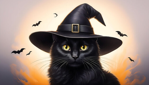 illustration black cat witch charming illustration black cat donning witch hat