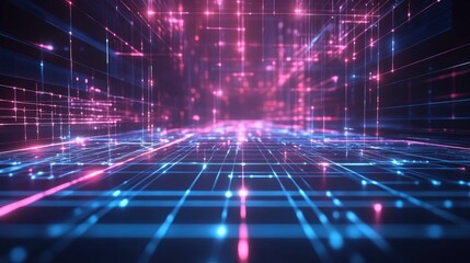 Futuristic abstract background with glowing wireframes and grid patterns, evoking a high-tech atmosphere