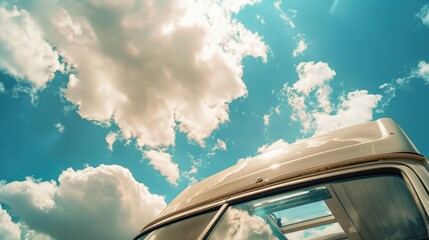 Obraz premium Campervan roof top enjoying a sunny day with blue sky and clouds