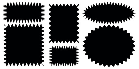 Wavy Edge Rectangle Shapes Icon Set black color  zig zag , tags or labels template and white background.