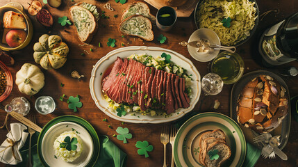 a traditional St. Patrick's Day feast, including corned beef, cabbage, and soda bread, with a green-themed table setting and shamrock decorations