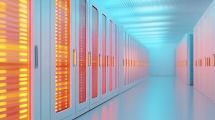 Fototapeta premium A row of server racks with glowing lights in a modern data center.