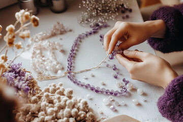 Female artist hands crafting purple gem beaded necklace lilac gemstones DIY jewelry making project creative design artisan workspace desk setup craft room design natural color accessory work space
