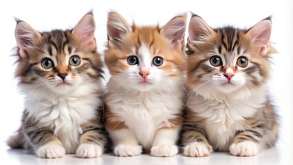 Adorable trio of fluffy kittens gaze upwards with big curious eyes, their tiny noses and pink ears tilted in unison, against a soft white background.