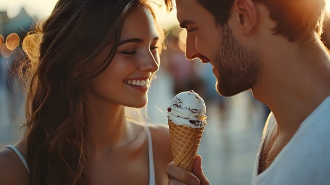 Couple Sharing Ice Cream Cone on a Sunny Day. generative ai illustration.