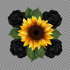The floral composition with sunflower and four black roses. Beautiful festive bouquet. Summer and gothic decor for a holiday design.