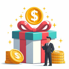 Flat Gift Box with Dollar Sign Vector concept as Vector of a gift box with a floating dollar sign above it isolated on a white background symbolizing Black Friday gift shopping and financial success w