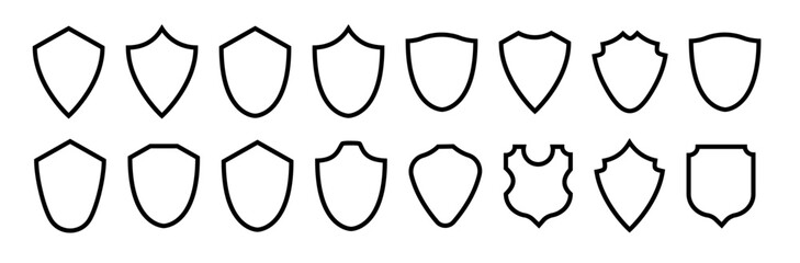 Shield frame set. Collection shield signs. Empty outline icons. Vector