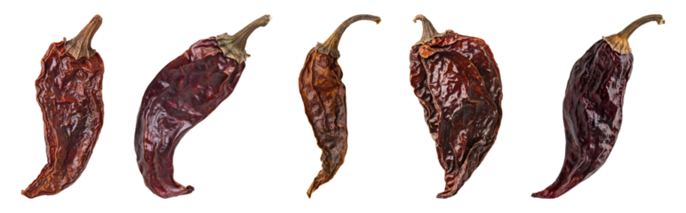 Dried Chipotle chili pepper isolated transparent background, PNG set