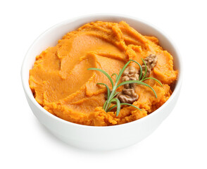 Delicious mashed sweet potatoes with walnuts and rosemary in bowl isolated on white