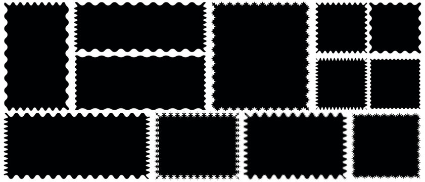 Rectangle shape frame with zigzag edge. Rectangular jagged curved box element Geometric zig zag wavy sticker black color Vector design for template, banner, poster and white background.