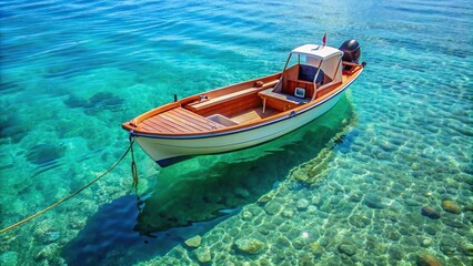 Small wooden fishing boat with one outboard motor in clear blue water, motorized, serene, travel, wooden, adventure, sunny, water, marine, clear water, peaceful, vintage, sea, boating