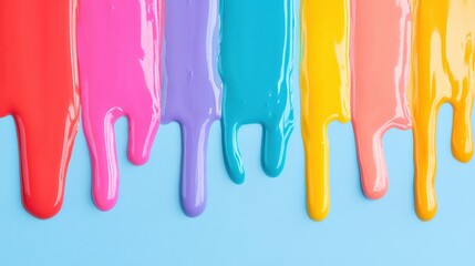 Abstract colorful paint streaks on blue background.  Dripping vibrant colors for design and art.