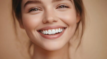 Obraz premium Closeup of woman smiling to camera, showing white smile of after teeth alignment procedure, beige background