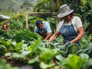 Farmers harvest fresh produce in a lush garden during daytime in a tropical climate