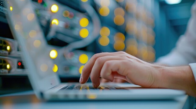 Close-up of hands typing on laptop in front of server racks.  Data center, IT, technology, and network concept.