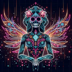 Flat Neon Catrina Figure in Digital Glow concept as A striking digital artwork featuring a glowing Catrina figure surrounded by neon lights and abstract digital patterns symbolizing the elegance and s