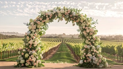 Grandiose Floral Wedding Arch Adorned with Roses and Hydrangeas Against a Picturesque Vineyard Backdrop