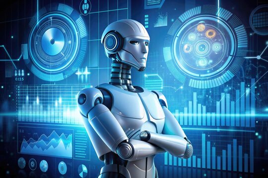 AI-Powered Help: Robot and AI-themed elements, futuristic blues, analytical graphs.