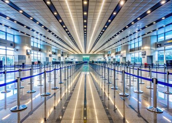 Naklejka premium Airport Queue Symmetry: Perfectly symmetrical airport queue with parallel lines and mirrored elements, creating a sense of order and balance.
