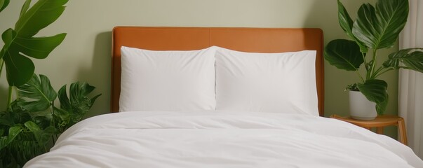 A cozy bedroom with organic cotton bedding, a vegan leather headboard, and plants, representing a sustainable living space
