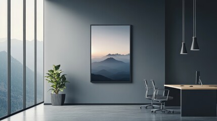 Modern office interior with a large framed mountain landscape print hanging on the wall. The office has a desk, chairs, and a plant.