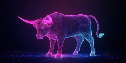 Fototapeta premium Striking Neon Luminescent Bull Representing Bull Market and Bullish Trend on the Stock Market. Concept of Strength and Energy in AI Digital Artwork. Design with a wireframe structure, illuminated