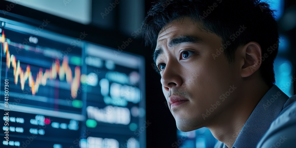 Poster a sad asian man looking at a display with stock exchange data and chart graphs