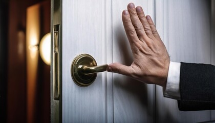 Naklejka premium Hand Pushing Door Handle to Enter Room