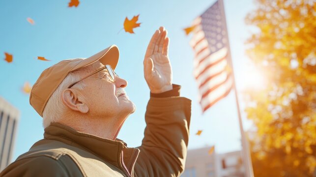 Senior man salutes the American flag on a sunny autumn day, leaves falling around him.