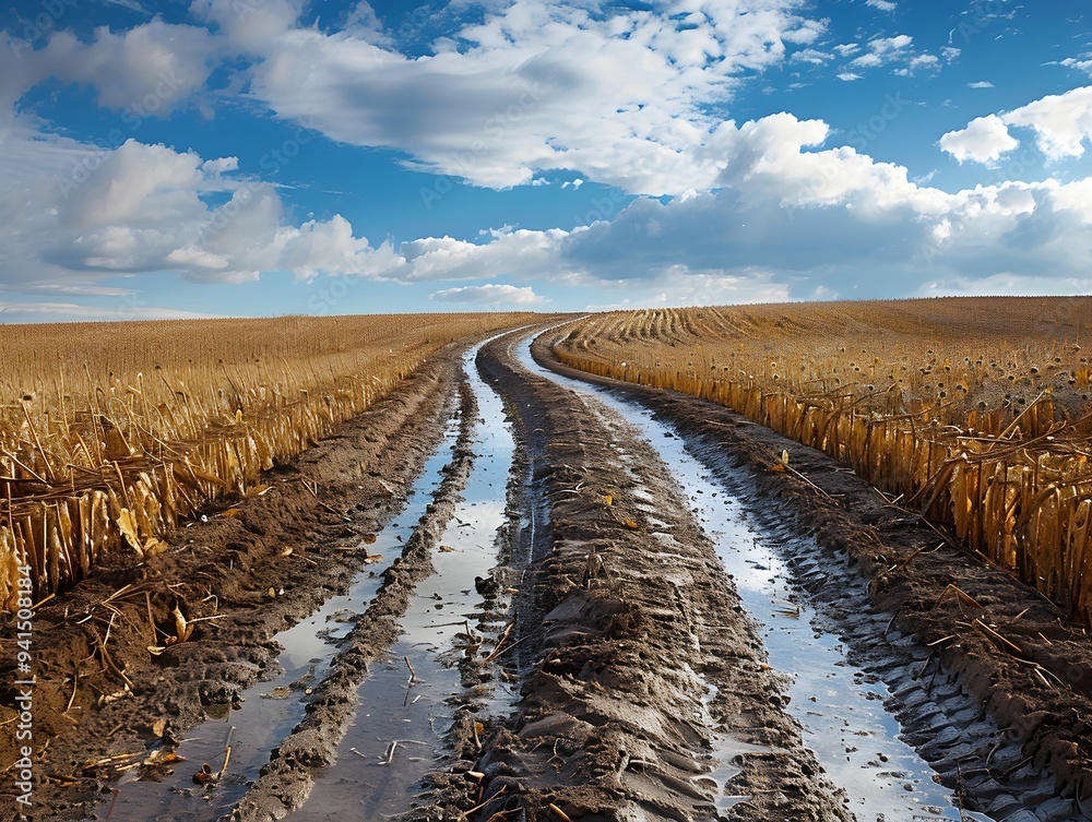 Wall mural beautiful muddy tire tracks winding through a golden wheat field under a blue sky with fluffy clouds