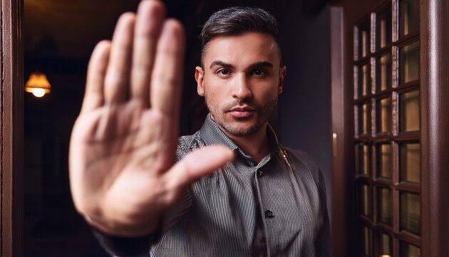 Assertive Man Signaling Stop with Hand Gesture