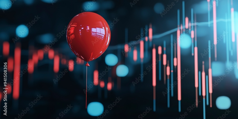 Poster Red balloon hovering over stock market graph