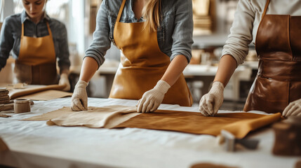 Class student group wearing apron at leather crafting community learning activity masterclass hands-on workshop DIY project creative crafting banner background teaching school work area raw hide dye 