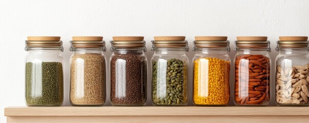 A vegan pantry filled with bulk foods, glass jars, and sustainable storage solutions, emphasizing an organized, eco-friendly lifestyle